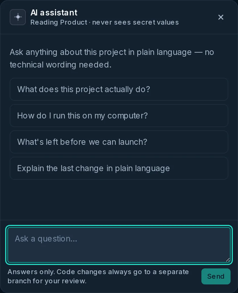 Keelson's AI assistant panel, reading the project but never secret values, offering plain-language questions and noting that code changes always land on a separate branch for review.